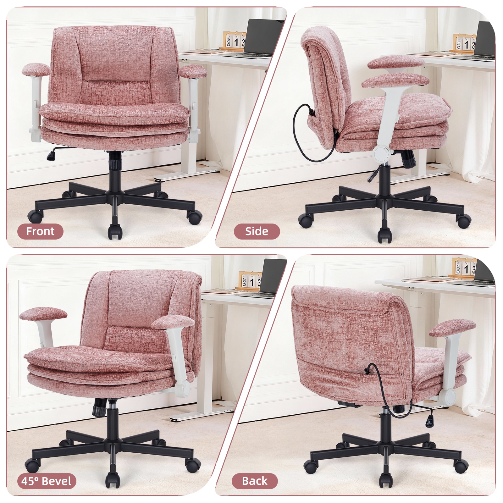 Criss Cross Chair With Wheels And Flip Arms, Upholstered Cross Legged Office Chair With 3 Layer Cushions&Dynamic Airbag Lumbar Support, Wide Seat Comfy Desk Chair For Home Office, Living Room, Pink_maomaolike.com